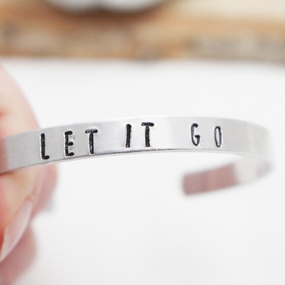 Let It Go - Hand Stamped Anodized Aluminum Bangle - Adjustable - Picture 4 of 11